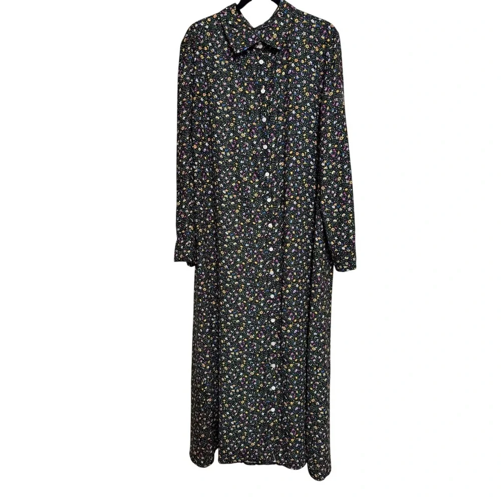 Floral Maxi Shirt Dress Long Sleeve Button Down Black Ditsy Print Modest Boho 2x